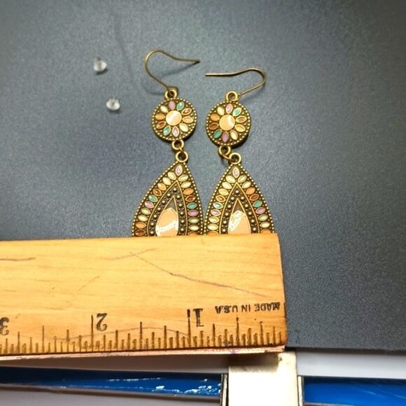 Bronze pastel earrings drop pear shape  multicolor bohemian jewelry - Picture 4 of 5